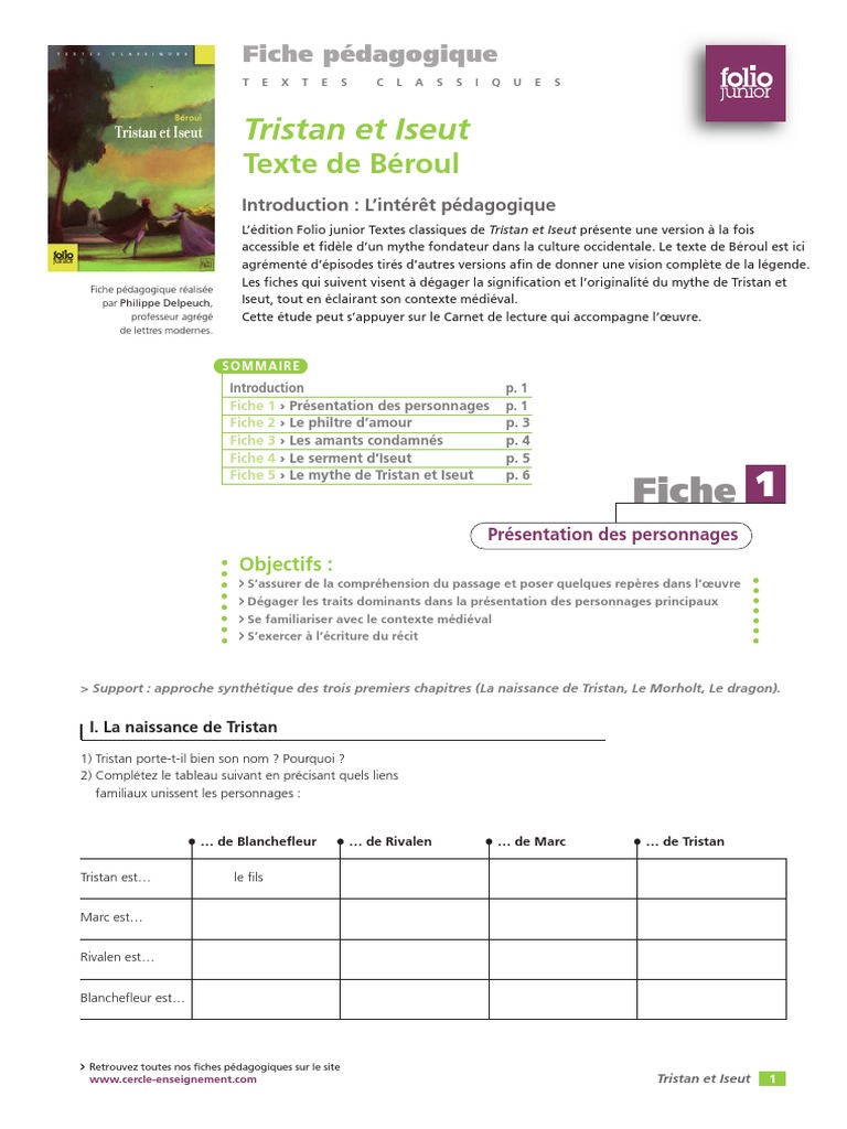 Fiche De Lecture Tristan Et Iseut Pdf