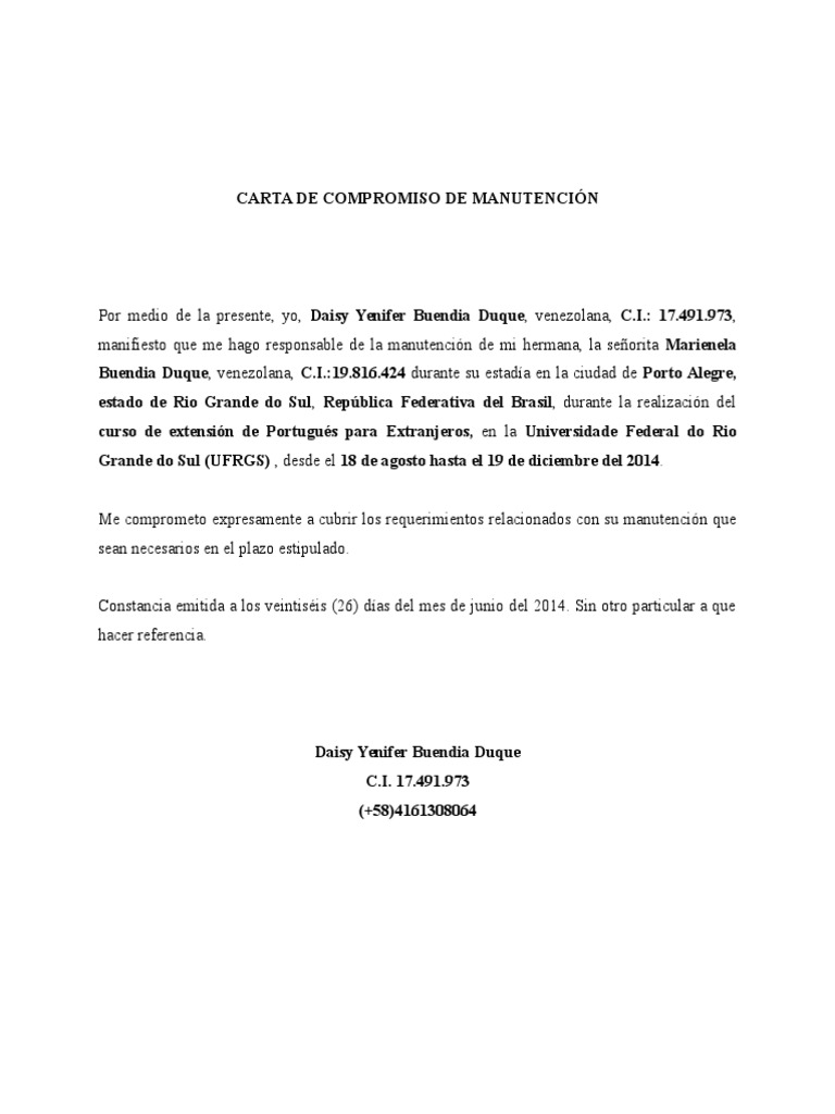 Carta de Compromiso de Manutención