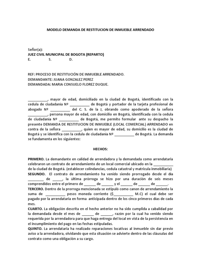 Demanda de Restitución de Inmueble Arrendado | PDF | Pagos | Alquiler