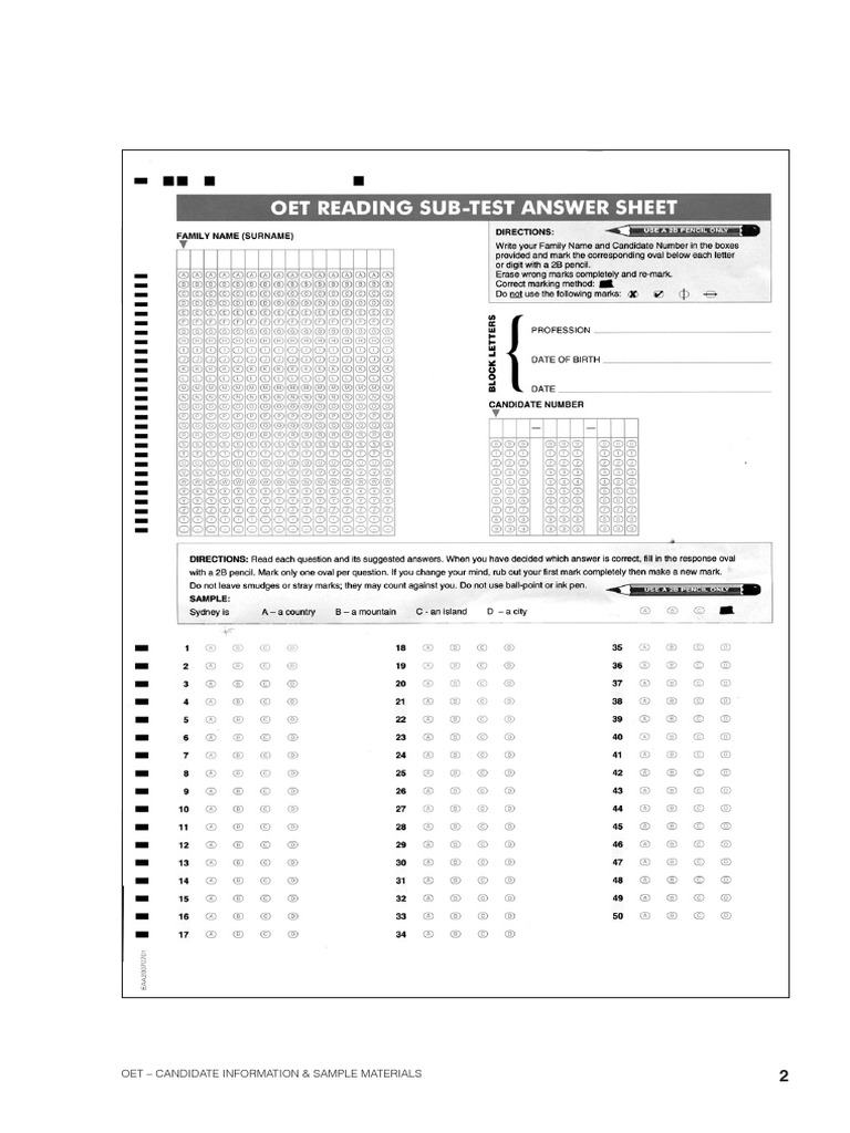 Computer Answer Sheet: Oet - Candidate Information & Sample Materials | PDF