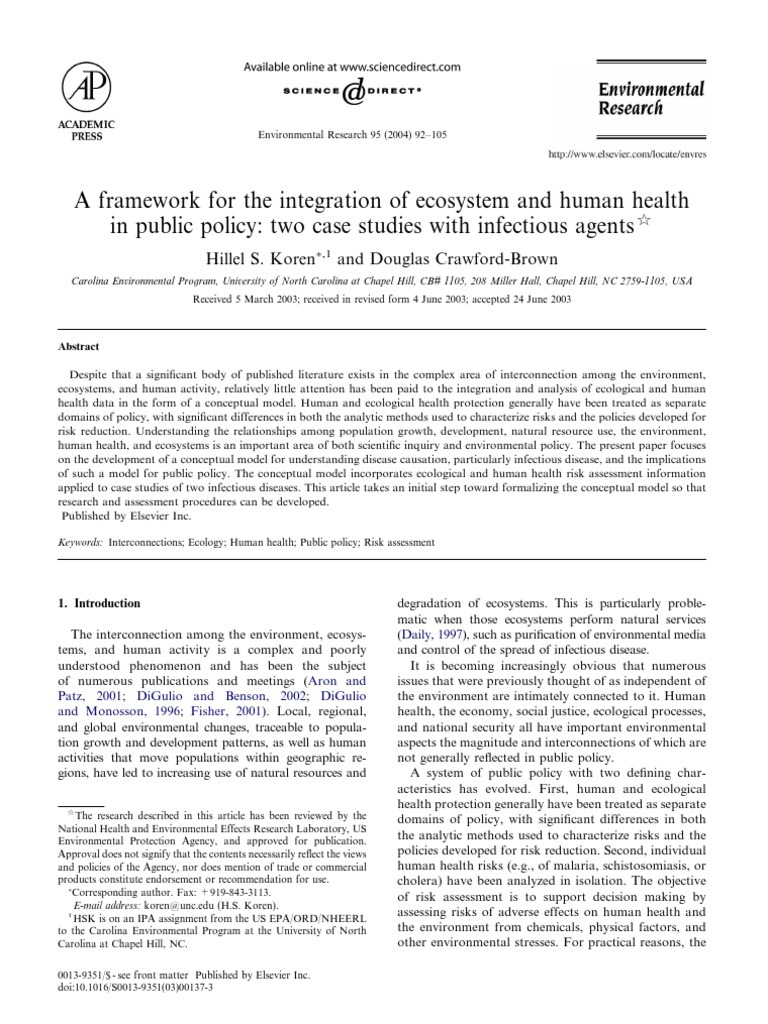 A Framework For The Integration of Ecosystem and Human Health | PDF
