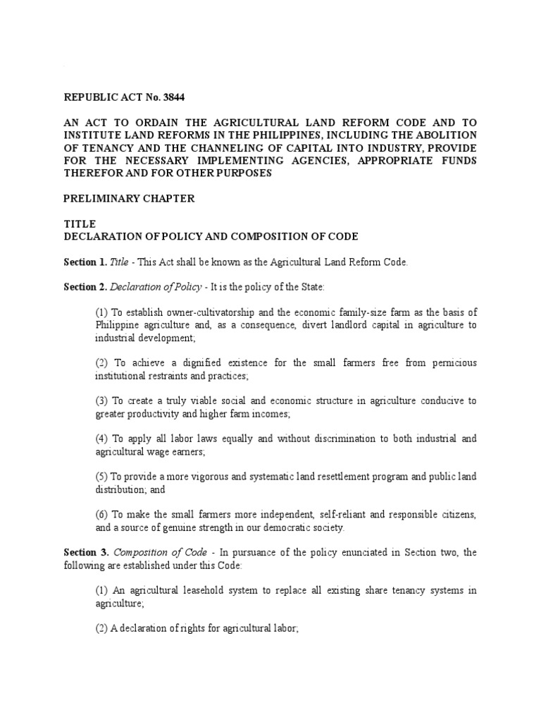 Agricultural Land Reform Code (RA 3844) | PDF | Lease | Leasehold Estate