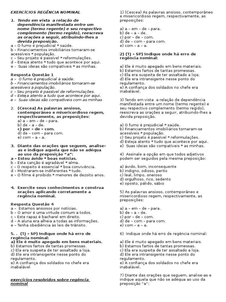 Exercícios de Regência Nominal | PDF | Pronome | Unidades semânticas