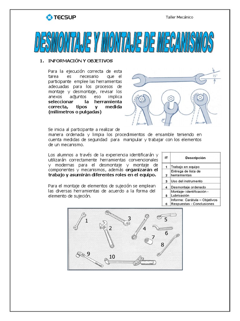 Taller Mecánico Trabajo De Montaje Y Desmontaje Pdf Herramientas
