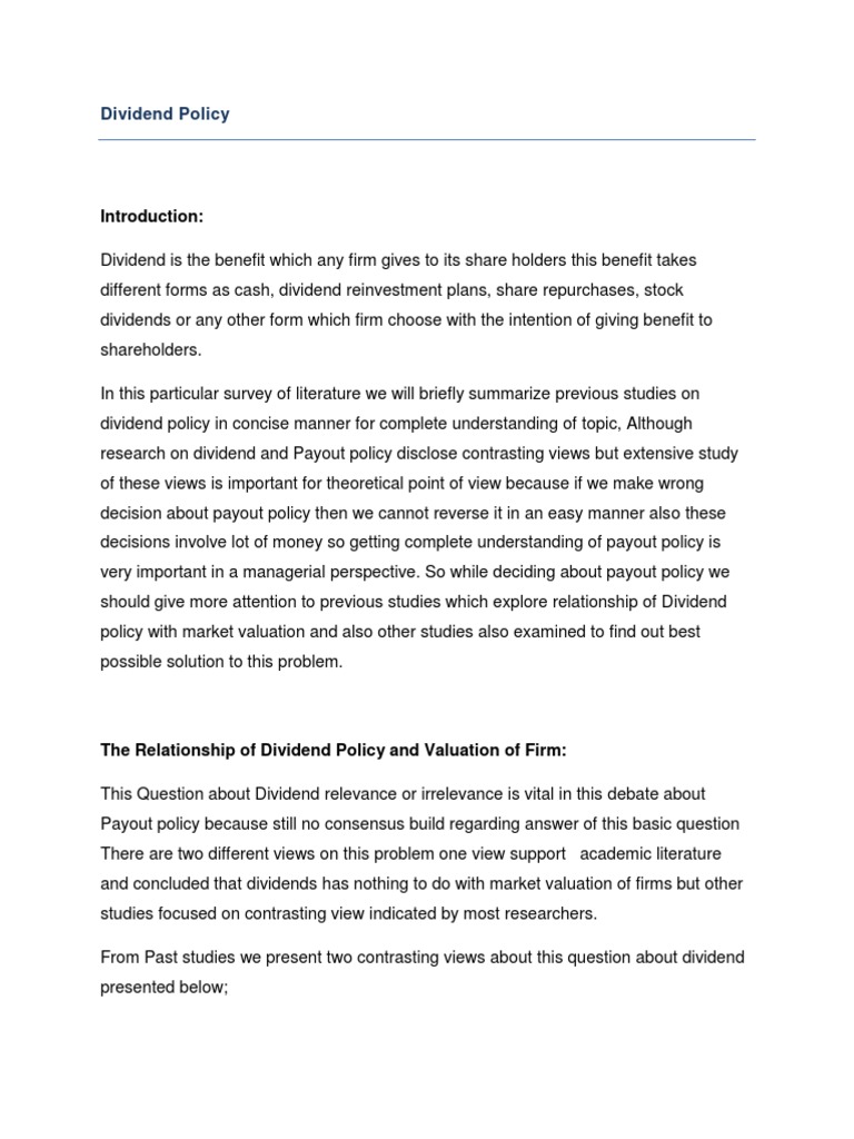 Analysis of Dividend Policy Literature review Example | Topics and Well Written Essays - words