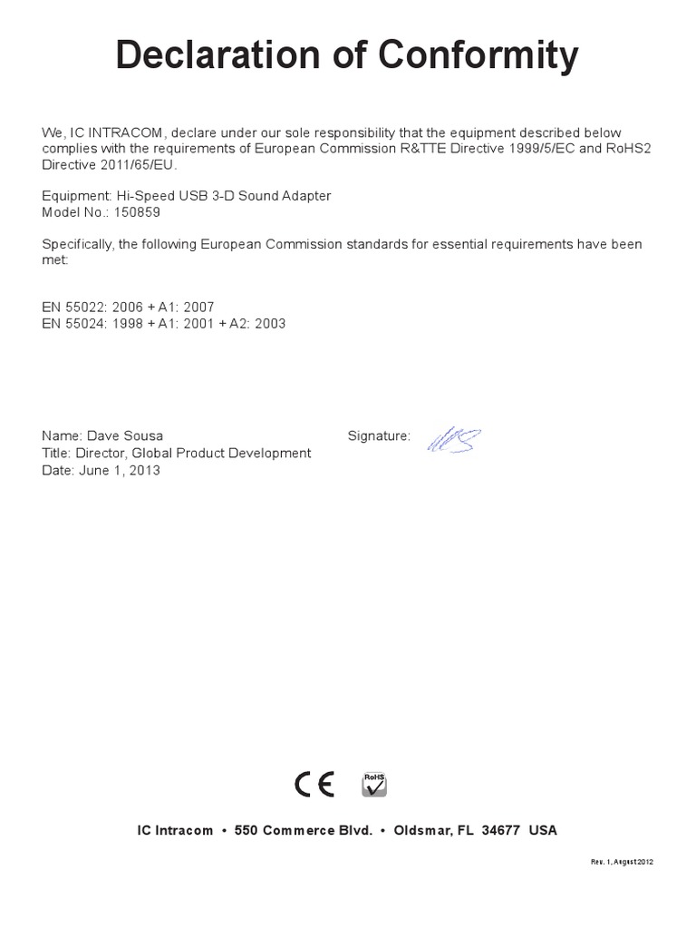 Declaration of Conformity for Model 150859 | PDF | Technology & Engineering