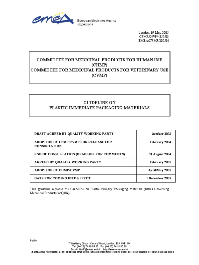 EMEA Guideline On Immediate Packaging Materials PDF Pharmaceutical