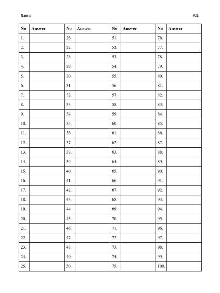 Free Answer Sheet Template 1 200 Printable