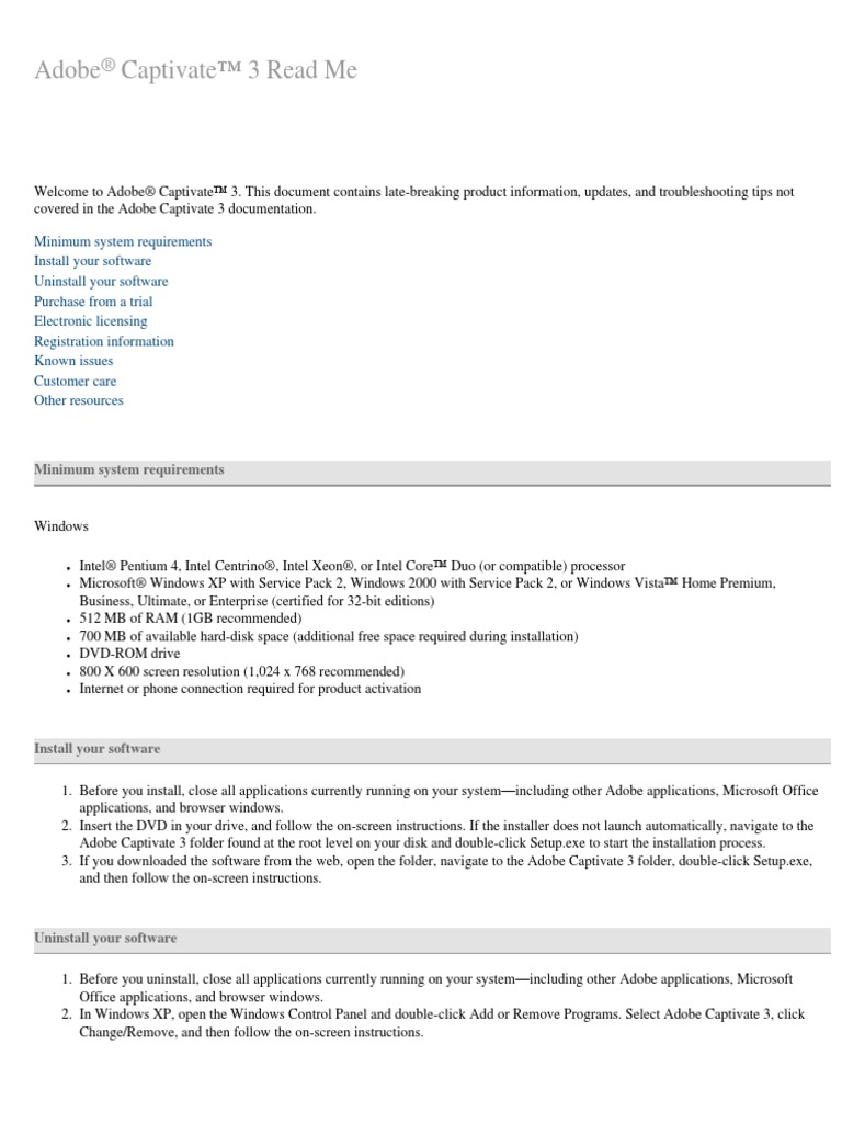 Adobe Captivate 3 Read Me | PDF | Windows Xp | Microsoft Windows