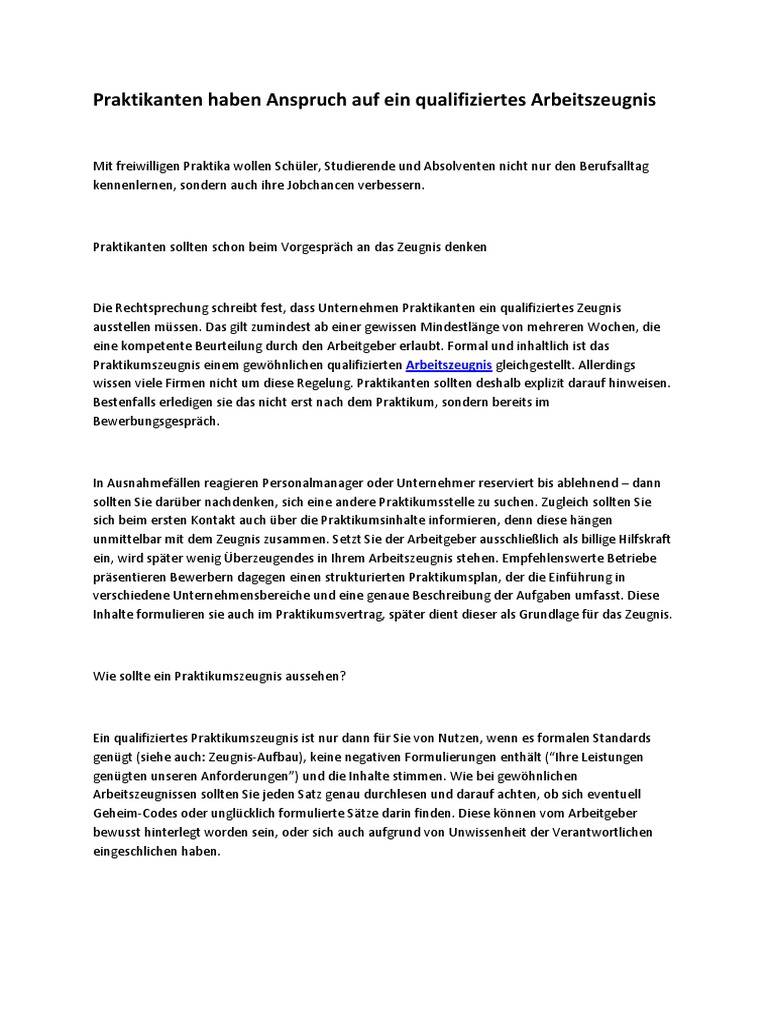 Praktikanten Haben Anspruch Auf Ein Qualifiziertes Arbeitszeugnis