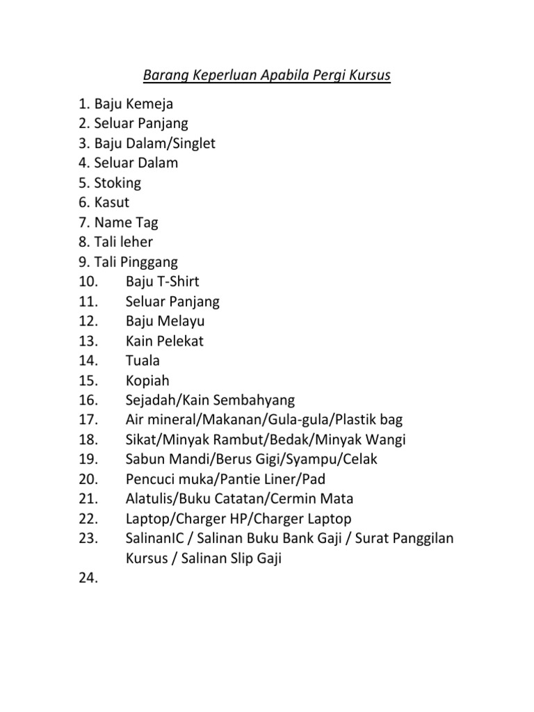 Barang Keperluan Apabila Pergi Kursus | PDF