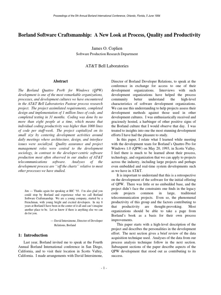 Borland Software Craftsmanship A New Look At Process Quality And