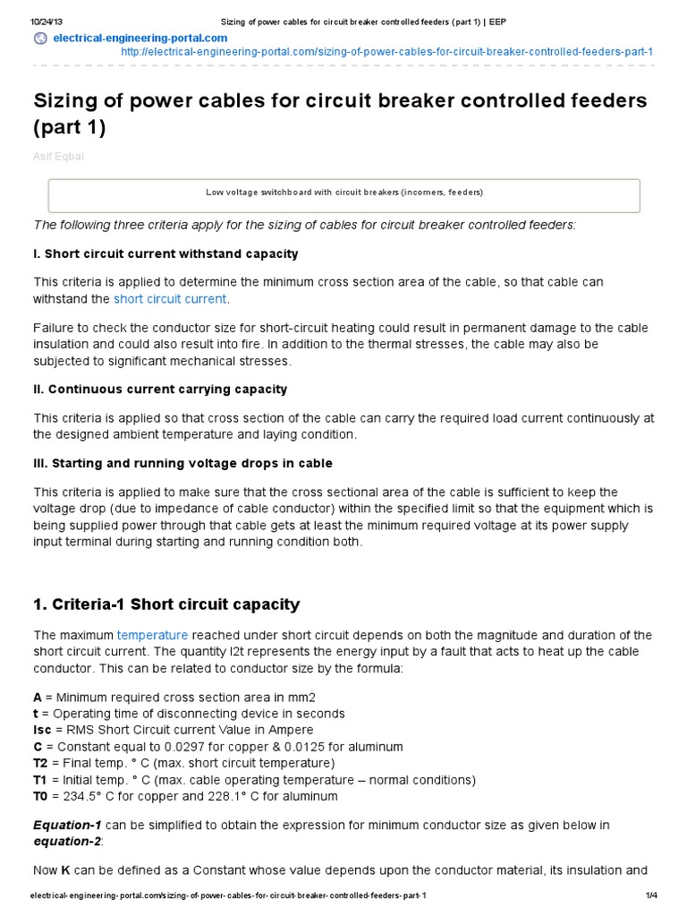 Cable Sizing for Circuit Breakers | PDF | Cable | Fuse (Electrical)