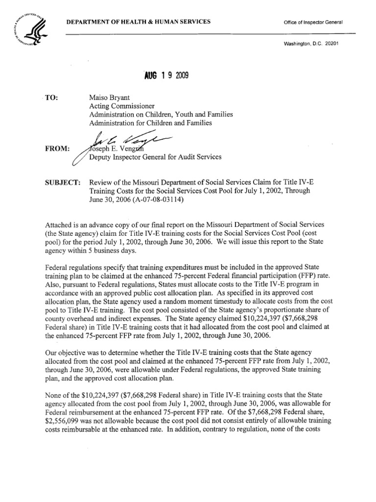 Review of the Missouri Department of Social Services Claims for Title IVE Training Costs, 2009