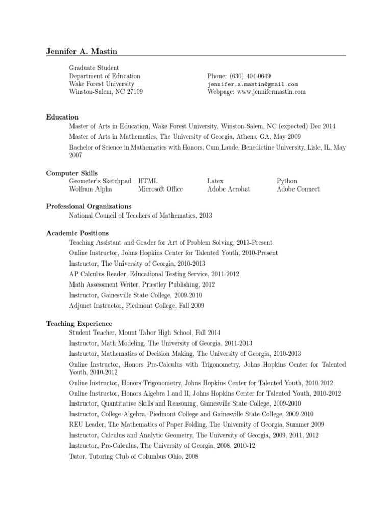 Jennifermastin CV | PDF | Teaching Mathematics | Cognition