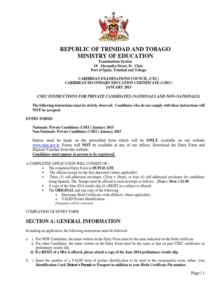 CSEC Private Candidate Registration 2015 | PDF | Identity Document ...