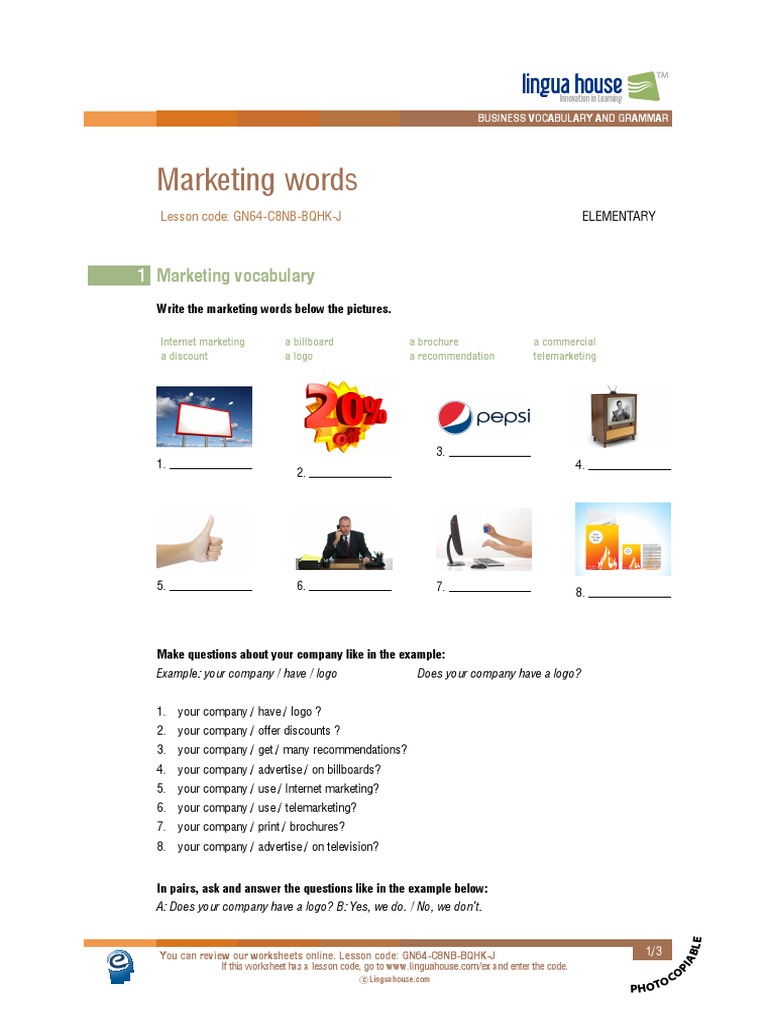 Marketing Words Vocabulary English Language