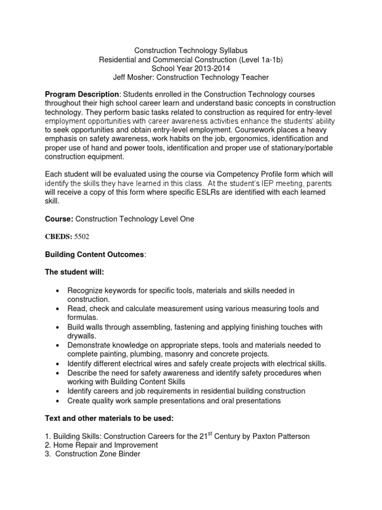 Construction Technology Syllabus 2014-2015 | PDF | Occupational Safety ...
