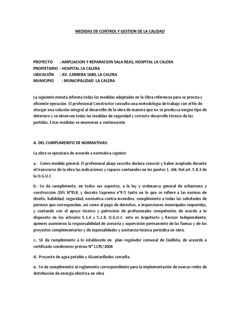Medidas de Control y Gestión de Calidad | PDF | Planificación | Hospital