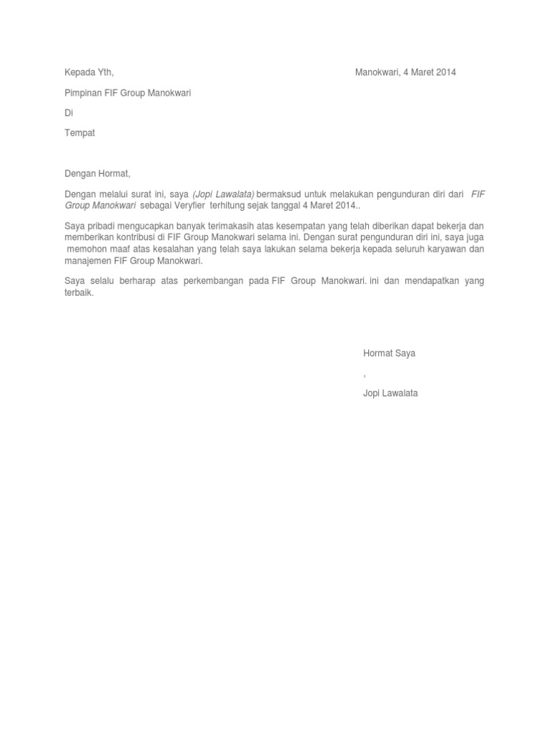 Contoh Surat Pengunduran Diri Kerja Karena Ikut Suami