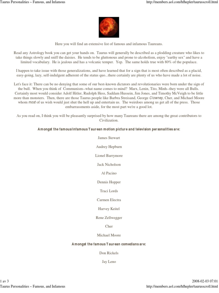 Taurus Personalities Famous, and Infamous | PDF | Leisure | Violence