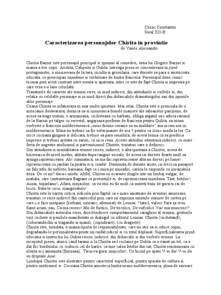 Caracterizarea Personajelor Chirita in Provintie
