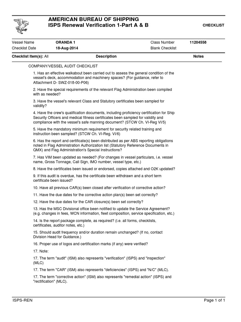 ABS ISPS Company Vessel Audit Checklist Audit Business
