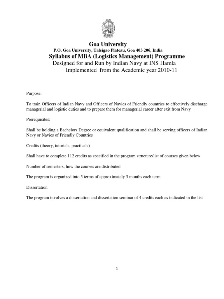 Syllabus MBA LogisticsManagement PDF Supply Chain Management Master Of Business