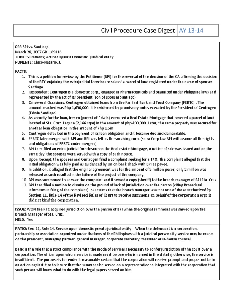 038 BPI vs. Santiago | PDF | Summons | Complaint