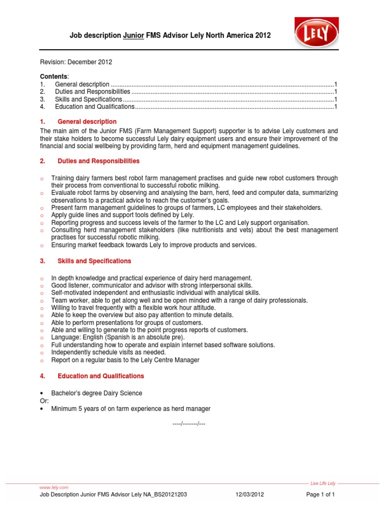 Junior FMS Advisor Job Description | PDF | Farms | Agricultural Science