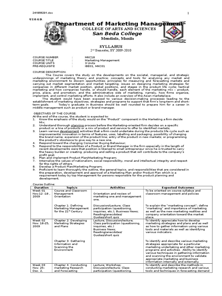 Marketing Management Syllabus 2009-2010 | PDF