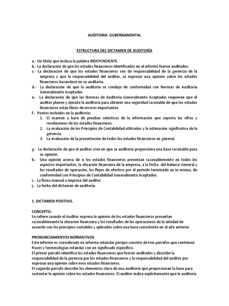 Estructura de Dictamen de Auditoria Auditoría financiera