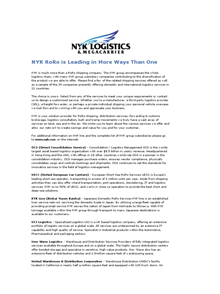 NYK RoRo: Comprehensive Logistics Solutions | PDF | Cargo | Logistics