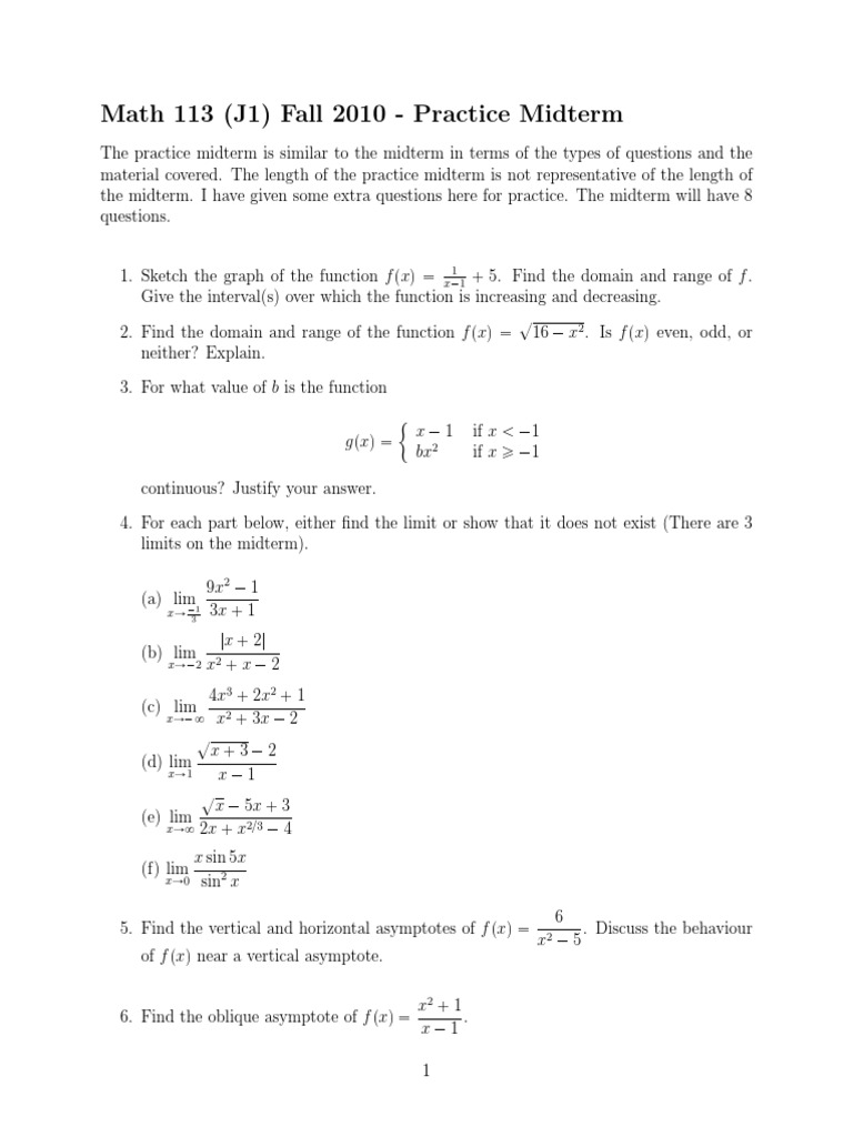 MATH113 Midterm 2010F Practice | PDF