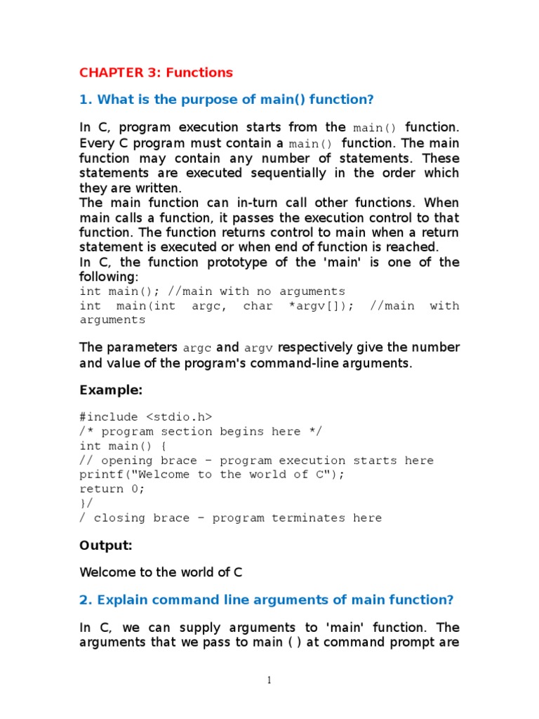 What Is The Purpose of Main Function? CHAPTER 3 Functions PDF