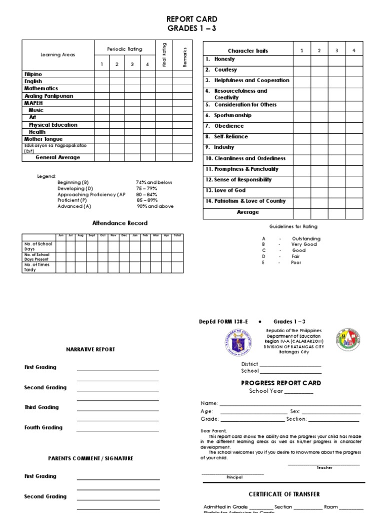 Grade 1-3 Progress Report Card | PDF | Cognition | Further Education