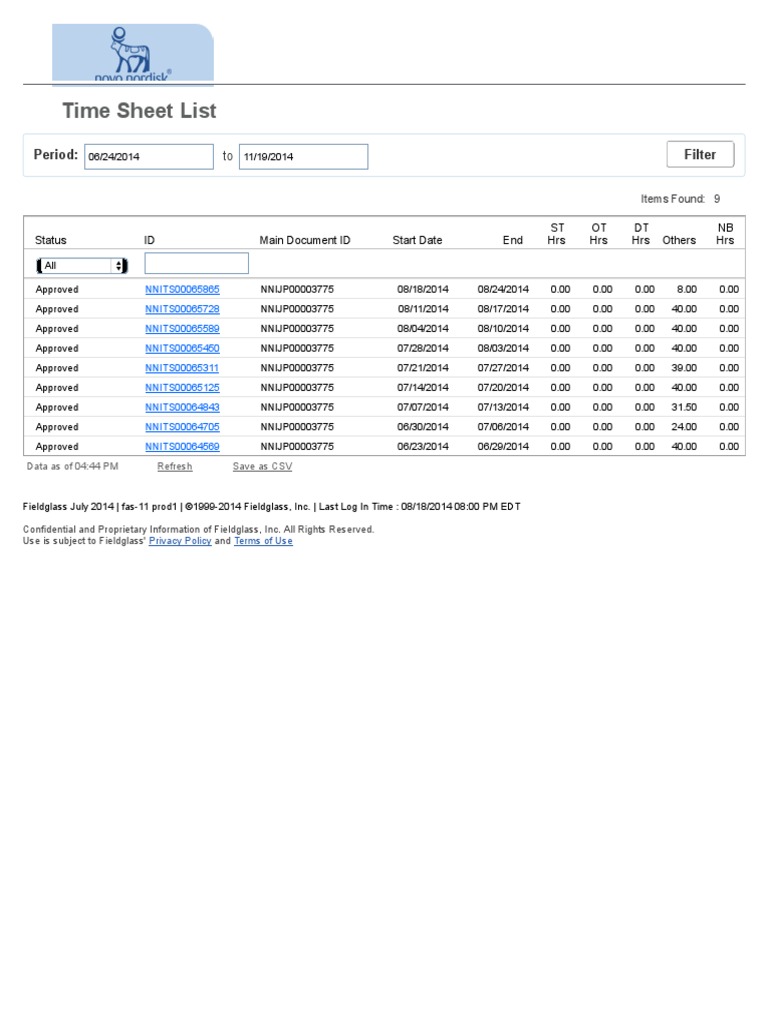 Fieldglass Time Sheet List PDF