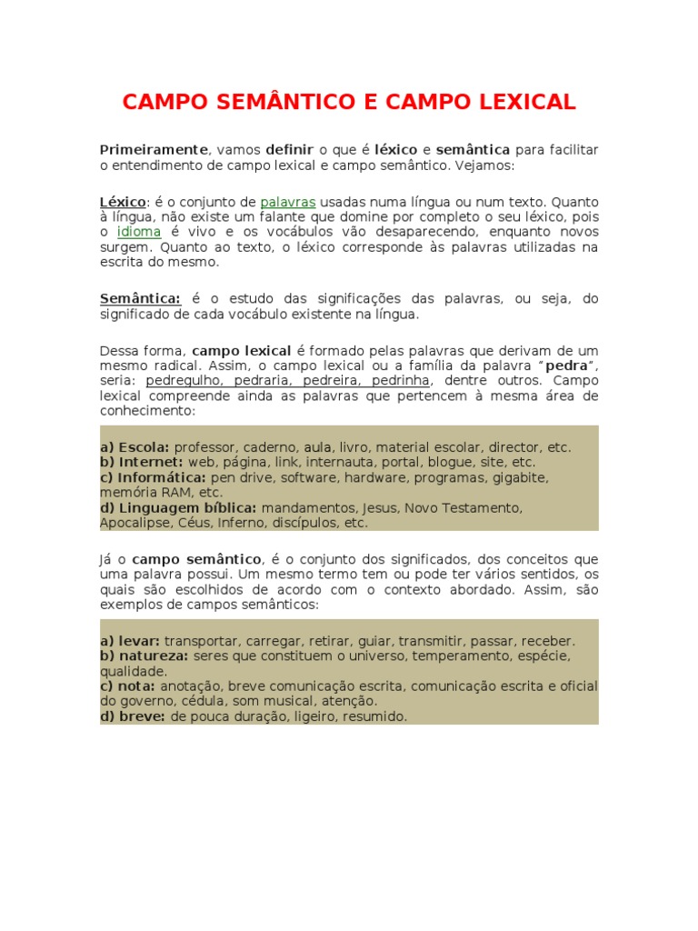 Campo Lexical e Semântico Definidos | PDF | Artes Linguísticas e Disciplina