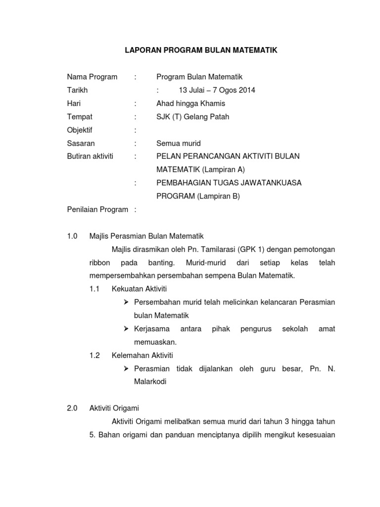 Laporan Program Bulan Matematik Pdf
