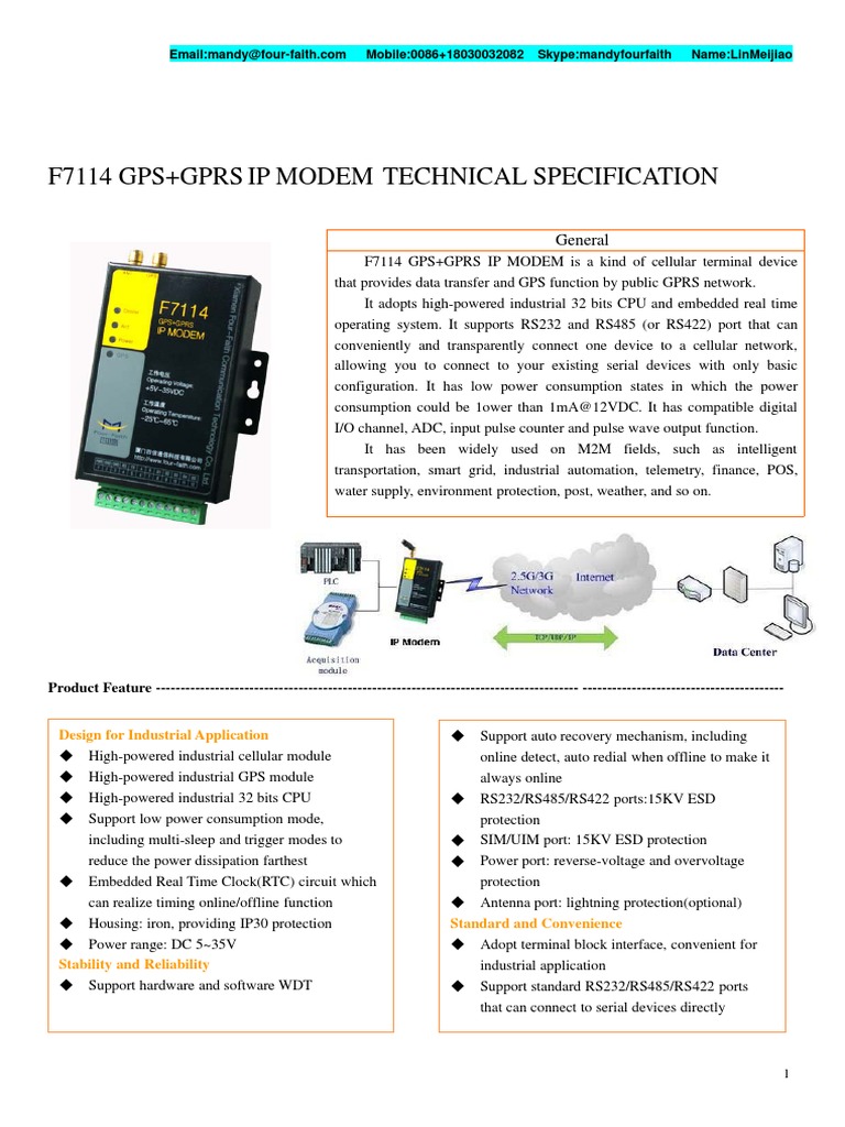 F7114 GPS+GPRS Ip Modem | PDF | Modem | Cellular Network
