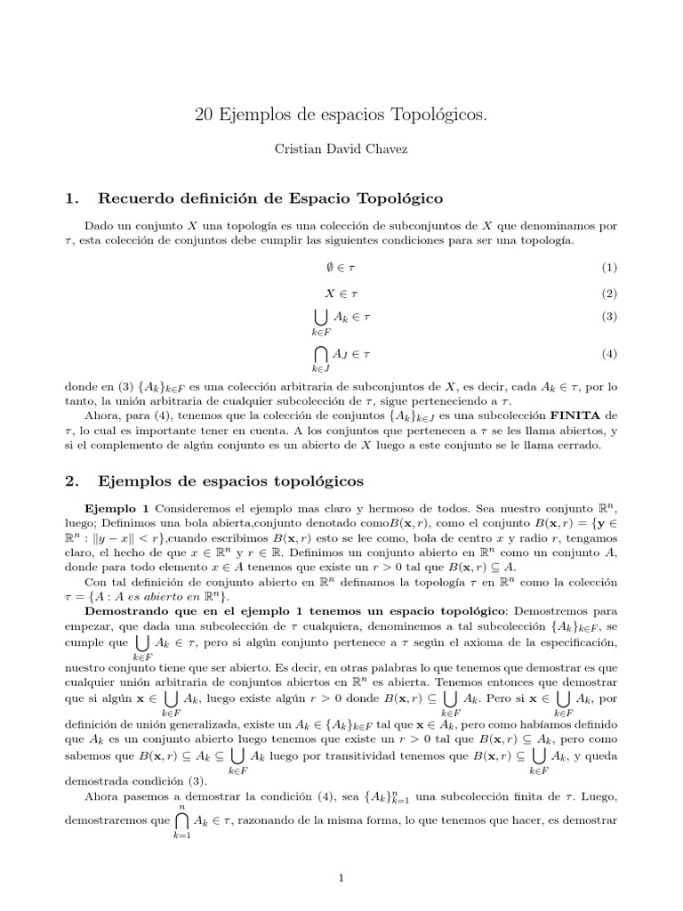 20 Ejemplos de Espacios Topológicos. Descargar gratis PDF Conjunto
