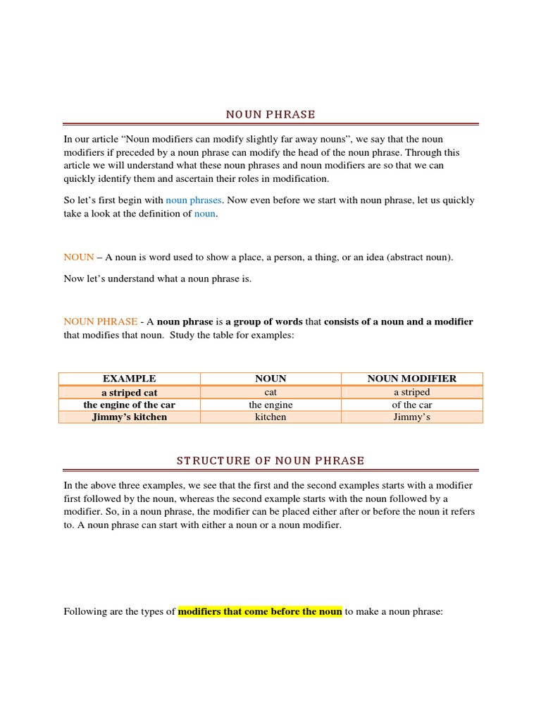 Understanding Noun Phrases and Modifiers | PDF | Noun | Phrase