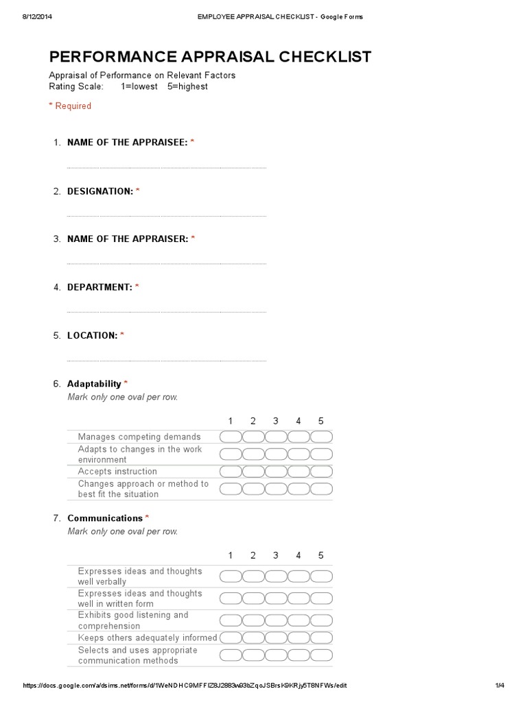Google Forms Performance Appraisal Checklist | PDF | Performance ...