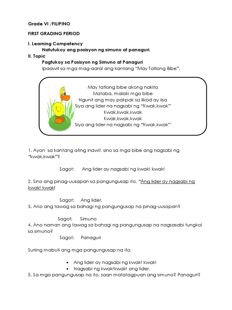 Lesson Exemplar In Filipino 6