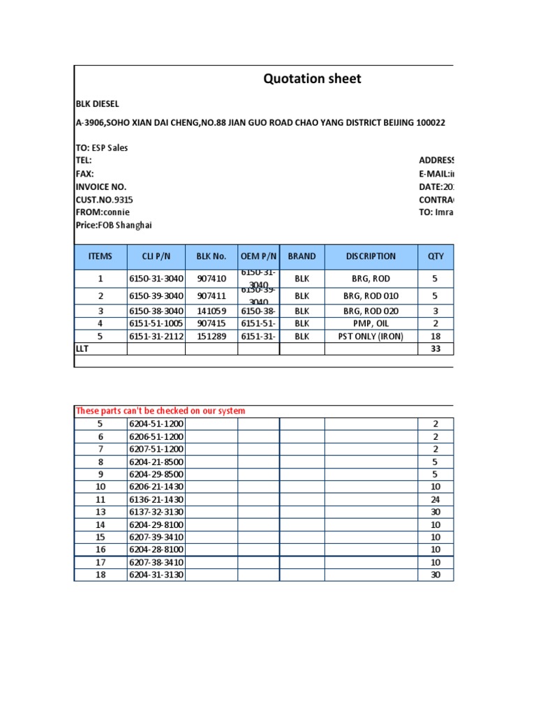 Cheng Replacement Parts Quotation | PDF