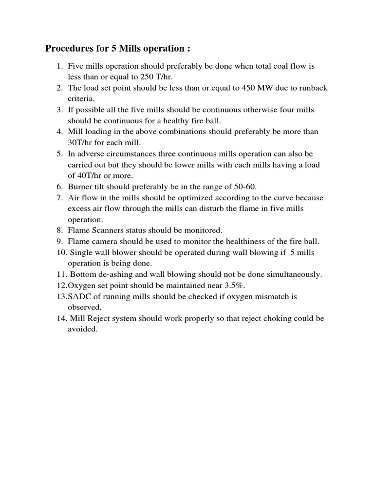 Procedures For 5 Mills Operation | PDF