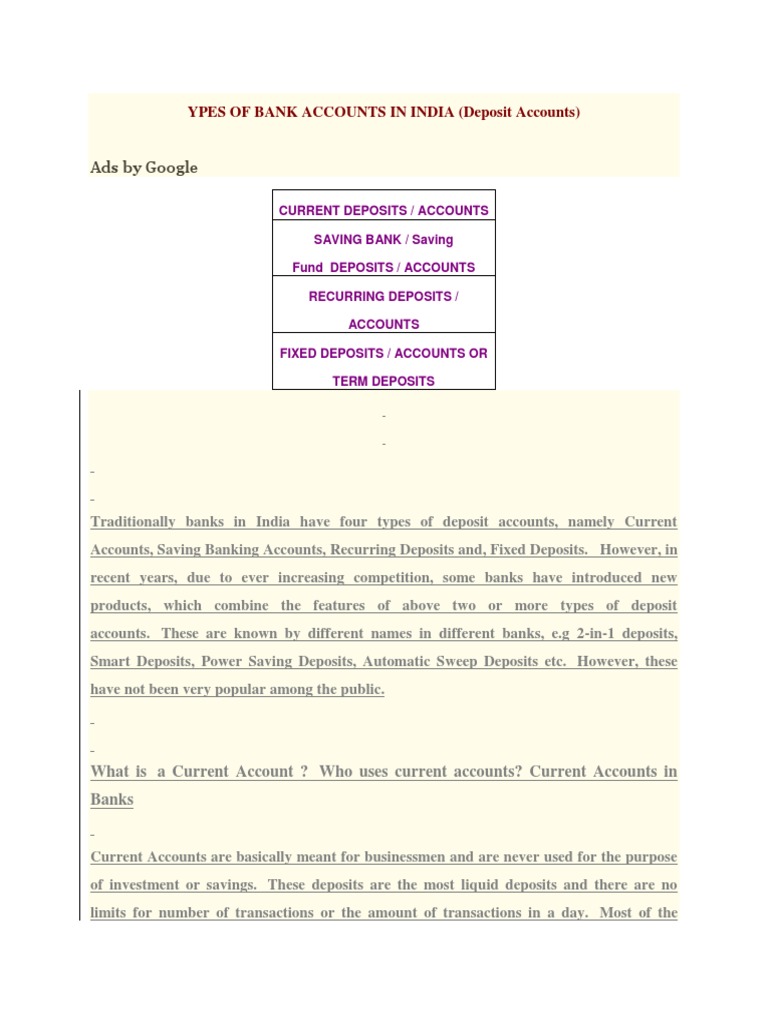 Types of Bank Accounts in India | PDF | Transaction Account | Deposit ...