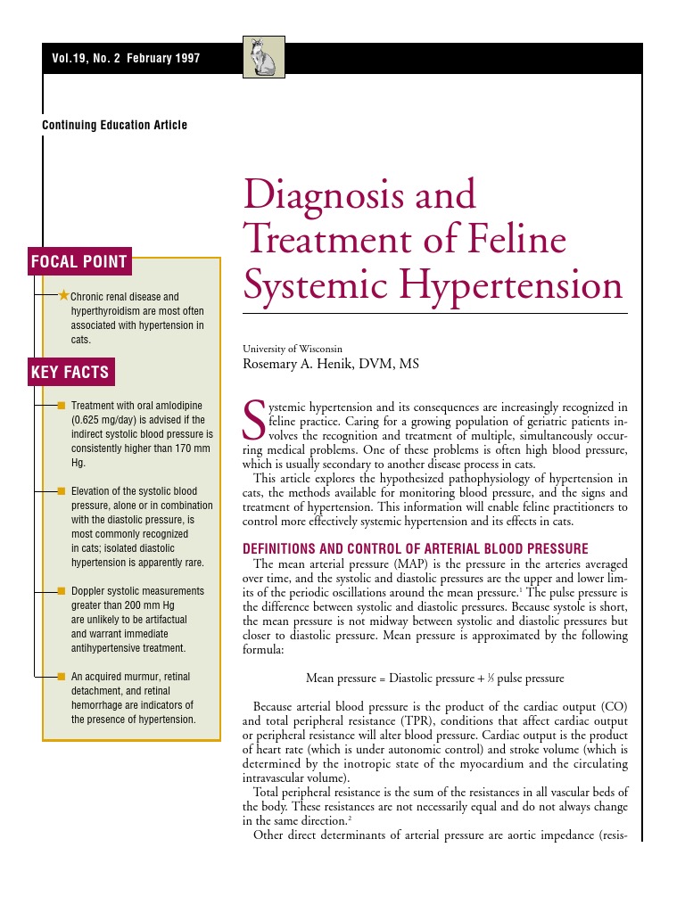 FELINEDiagnosis and Treatment of Feline Systemic Hypertension Hypertension Blood Pressure