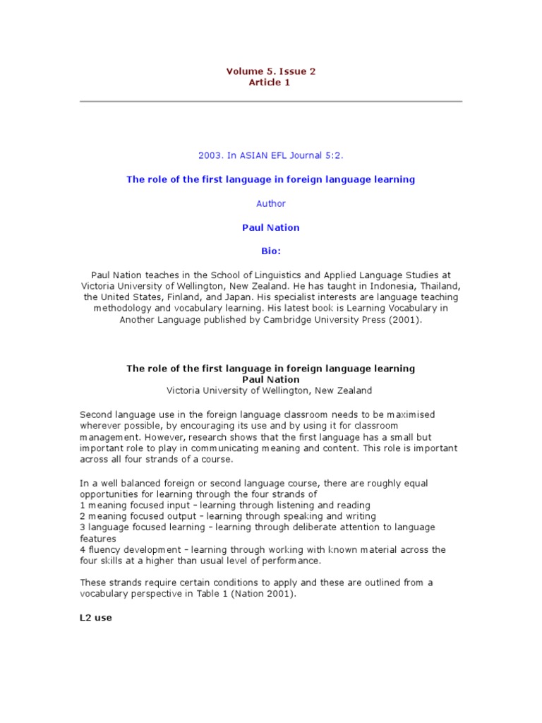 First Language's Role in Language Learning | PDF | Second Language ...
