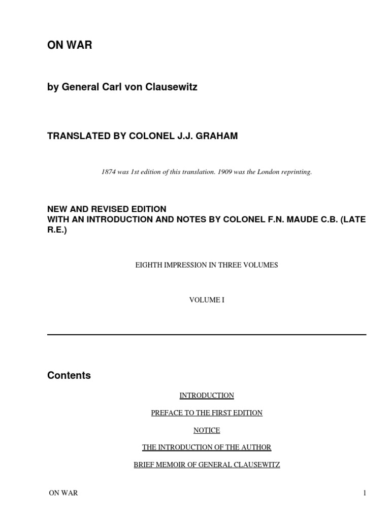 On War Volume 1 By Clausewitz Carl Von 1780 1831 Download Free